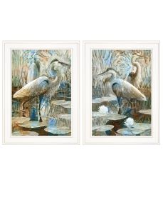 "Marsh Herons I & Sea II" 2-Piece Vignette by Stellar Design Studio; Ready to Hang Framed Print; White Frame